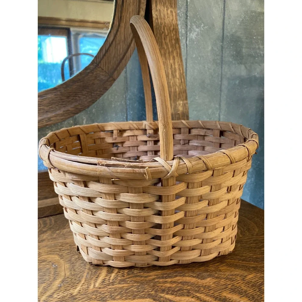 Handwoven Splint Wood Basket with Sunflower Button Accents Rustic Farmhouse